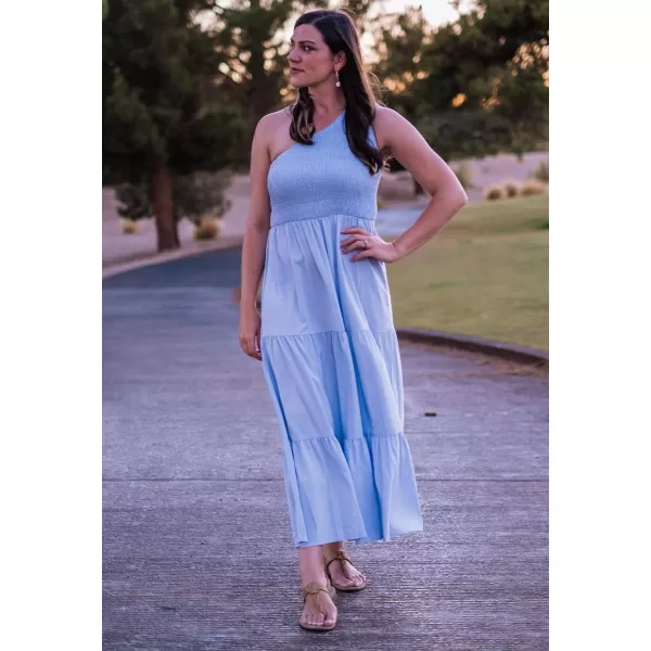 BTFBM Women One Shoulder Summer Dresses 2024 Sleeveless Casual High Waist Floral Flowy Beach Boho Smocked Maxi DressSolid Light Blue