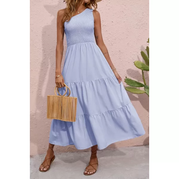 BTFBM Women One Shoulder Summer Dresses 2024 Sleeveless Casual High Waist Floral Flowy Beach Boho Smocked Maxi DressSolid Light Blue