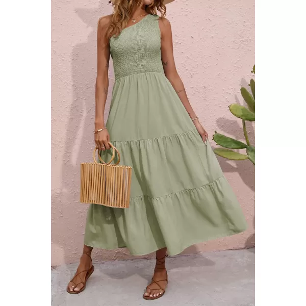 BTFBM Women One Shoulder Summer Dresses 2024 Sleeveless Casual High Waist Floral Flowy Beach Boho Smocked Maxi DressSolid Light Green
