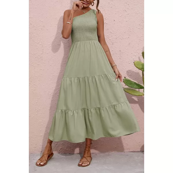 BTFBM Women One Shoulder Summer Dresses 2024 Sleeveless Casual High Waist Floral Flowy Beach Boho Smocked Maxi DressSolid Light Green