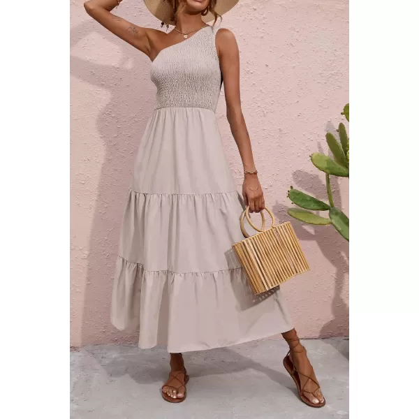 BTFBM Women One Shoulder Summer Dresses 2024 Sleeveless Casual High Waist Floral Flowy Beach Boho Smocked Maxi DressSolid Light Khaki