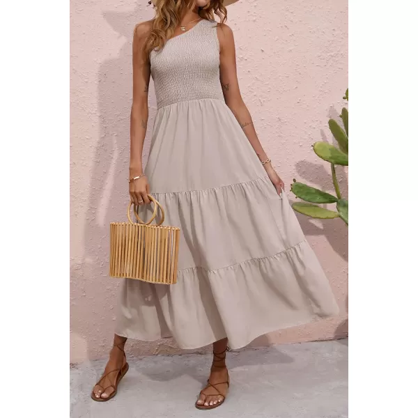 BTFBM Women One Shoulder Summer Dresses 2024 Sleeveless Casual High Waist Floral Flowy Beach Boho Smocked Maxi DressSolid Light Khaki