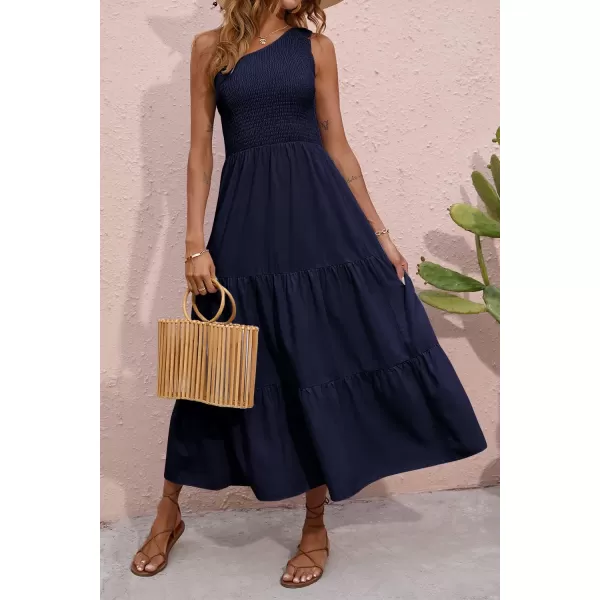 BTFBM Women One Shoulder Summer Dresses 2024 Sleeveless Casual High Waist Floral Flowy Beach Boho Smocked Maxi DressSolid Navy
