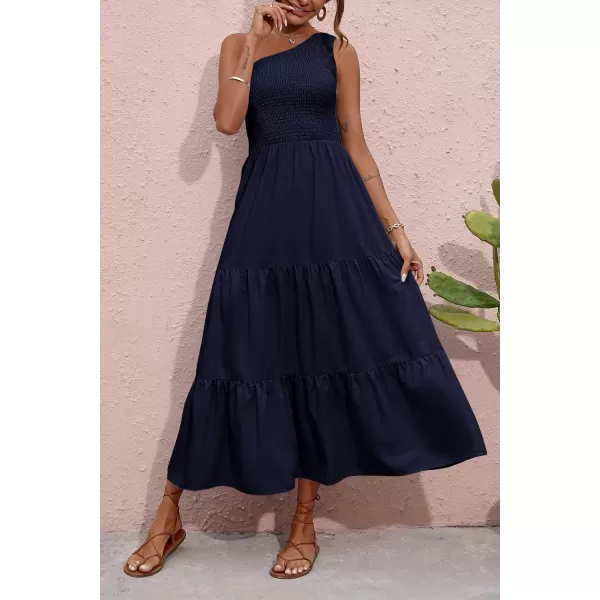 BTFBM Women One Shoulder Summer Dresses 2024 Sleeveless Casual High Waist Floral Flowy Beach Boho Smocked Maxi DressSolid Navy