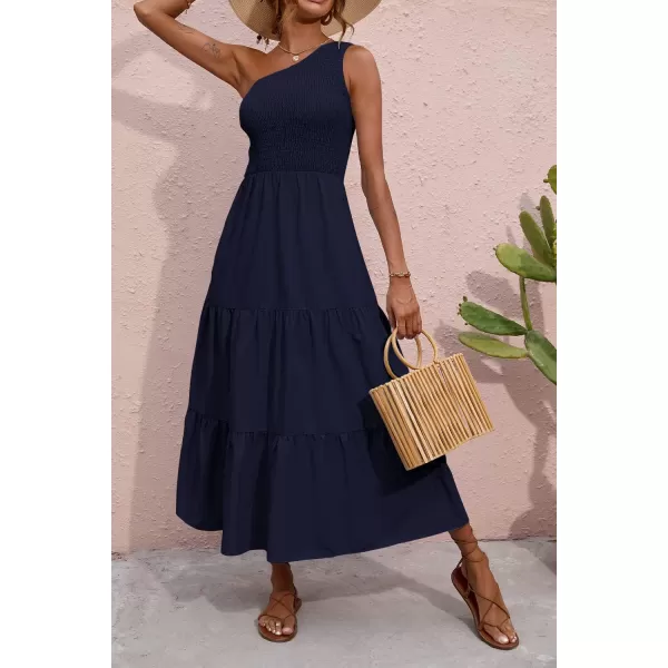 BTFBM Women One Shoulder Summer Dresses 2024 Sleeveless Casual High Waist Floral Flowy Beach Boho Smocked Maxi DressSolid Navy