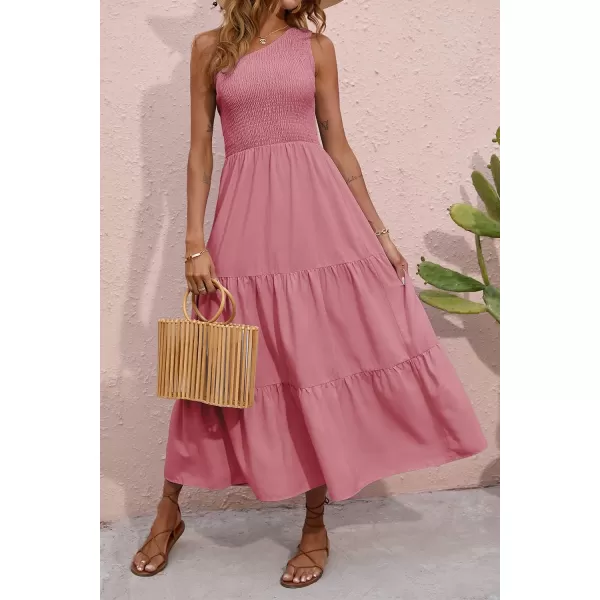 BTFBM Women One Shoulder Summer Dresses 2024 Sleeveless Casual High Waist Floral Flowy Beach Boho Smocked Maxi DressSolid Pink
