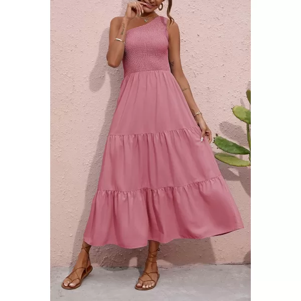BTFBM Women One Shoulder Summer Dresses 2024 Sleeveless Casual High Waist Floral Flowy Beach Boho Smocked Maxi DressSolid Pink