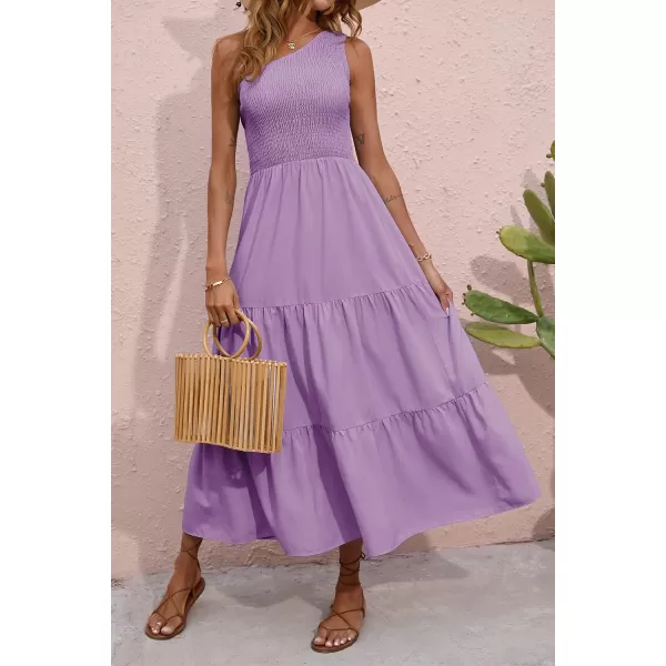 BTFBM Women One Shoulder Summer Dresses 2024 Sleeveless Casual High Waist Floral Flowy Beach Boho Smocked Maxi DressSolid Purple