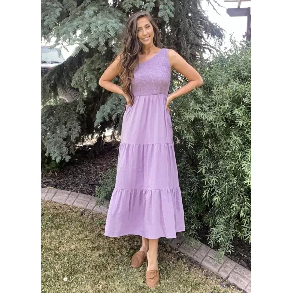 BTFBM Women One Shoulder Summer Dresses 2024 Sleeveless Casual High Waist Floral Flowy Beach Boho Smocked Maxi DressSolid Purple
