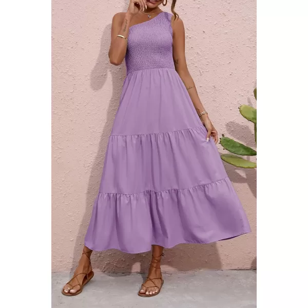BTFBM Women One Shoulder Summer Dresses 2024 Sleeveless Casual High Waist Floral Flowy Beach Boho Smocked Maxi DressSolid Purple