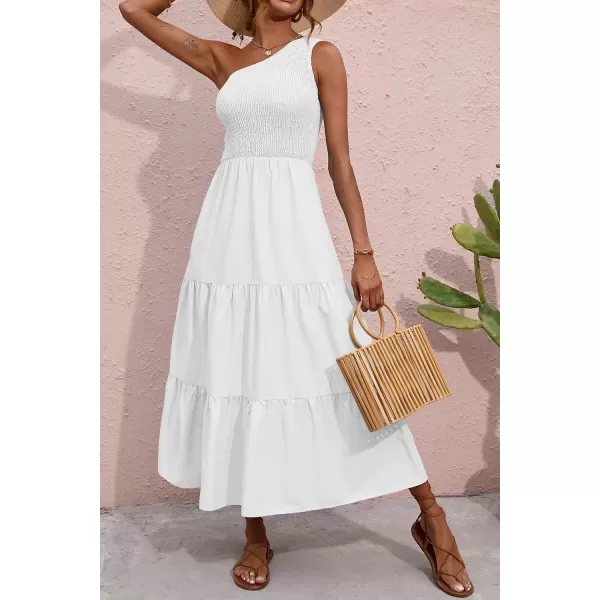 BTFBM Women One Shoulder Summer Dresses 2024 Sleeveless Casual High Waist Floral Flowy Beach Boho Smocked Maxi DressSolid White