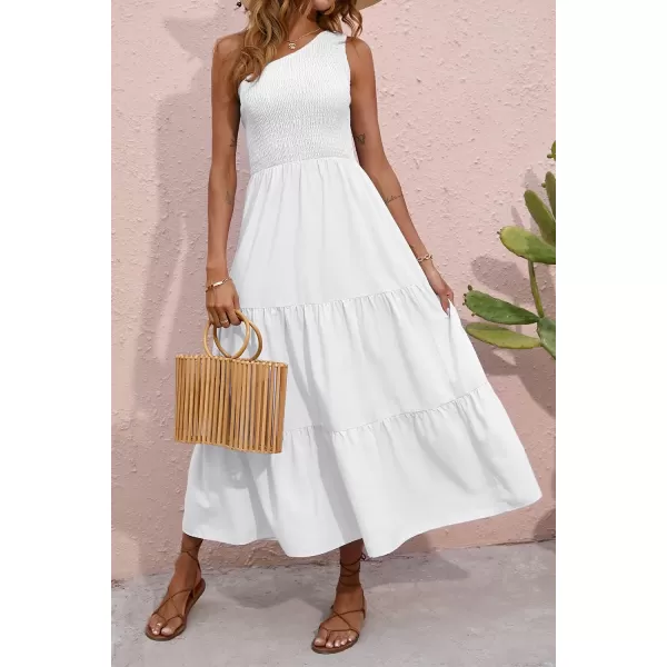 BTFBM Women One Shoulder Summer Dresses 2024 Sleeveless Casual High Waist Floral Flowy Beach Boho Smocked Maxi DressSolid White