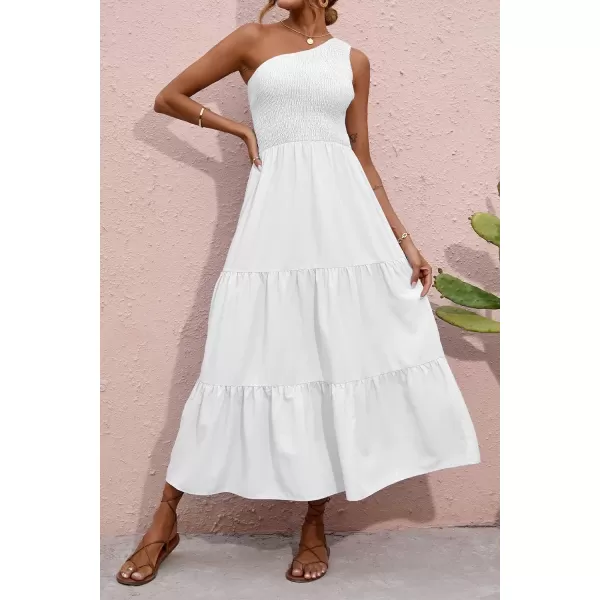 BTFBM Women One Shoulder Summer Dresses 2024 Sleeveless Casual High Waist Floral Flowy Beach Boho Smocked Maxi DressSolid White