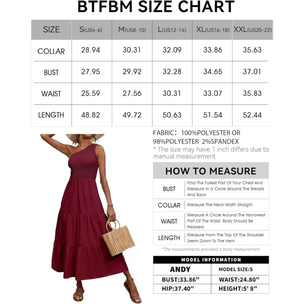 BTFBM Women One Shoulder Summer Dresses 2024 Sleeveless Casual High Waist Floral Flowy Beach Boho Smocked Maxi DressSolid Wine Red