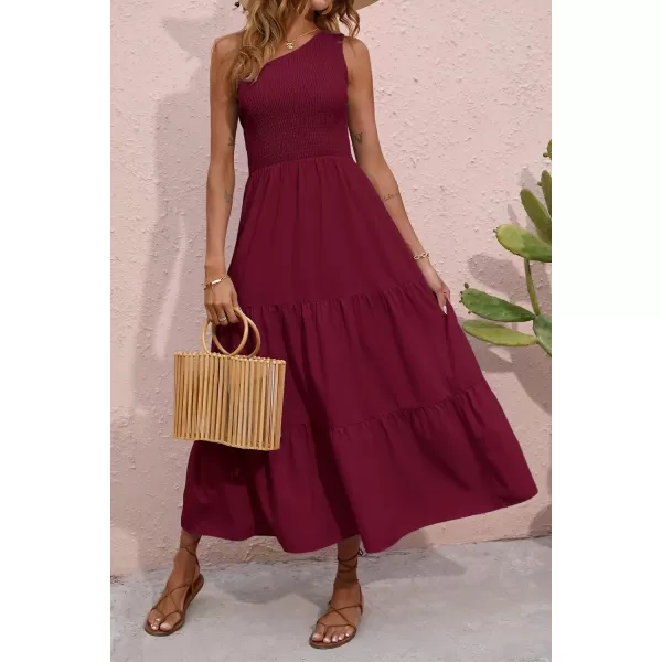 BTFBM Women One Shoulder Summer Dresses 2024 Sleeveless Casual High Waist Floral Flowy Beach Boho Smocked Maxi DressSolid Wine Red