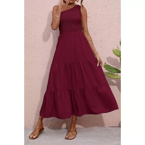 BTFBM Women One Shoulder Summer Dresses 2024 Sleeveless Casual High Waist Floral Flowy Beach Boho Smocked Maxi DressSolid Wine Red