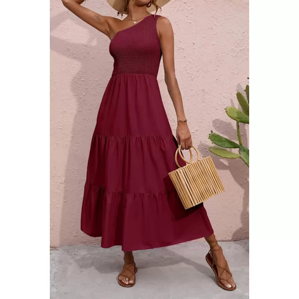 BTFBM Women One Shoulder Summer Dresses 2024 Sleeveless Casual High Waist Floral Flowy Beach Boho Smocked Maxi DressSolid Wine Red
