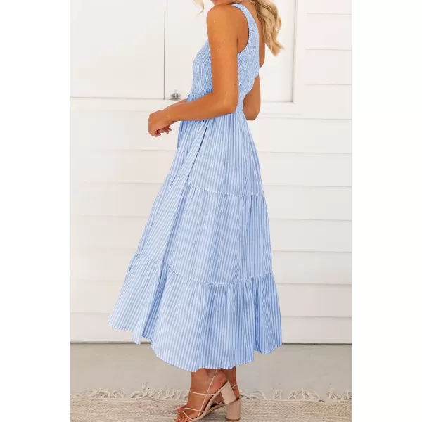 BTFBM Women One Shoulder Summer Dresses 2024 Sleeveless Casual High Waist Floral Flowy Beach Boho Smocked Maxi DressStriped Blue