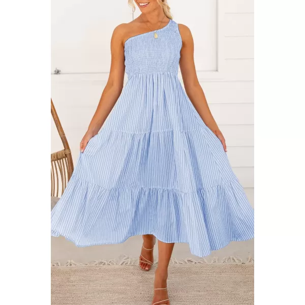 BTFBM Women One Shoulder Summer Dresses 2024 Sleeveless Casual High Waist Floral Flowy Beach Boho Smocked Maxi DressStriped Blue