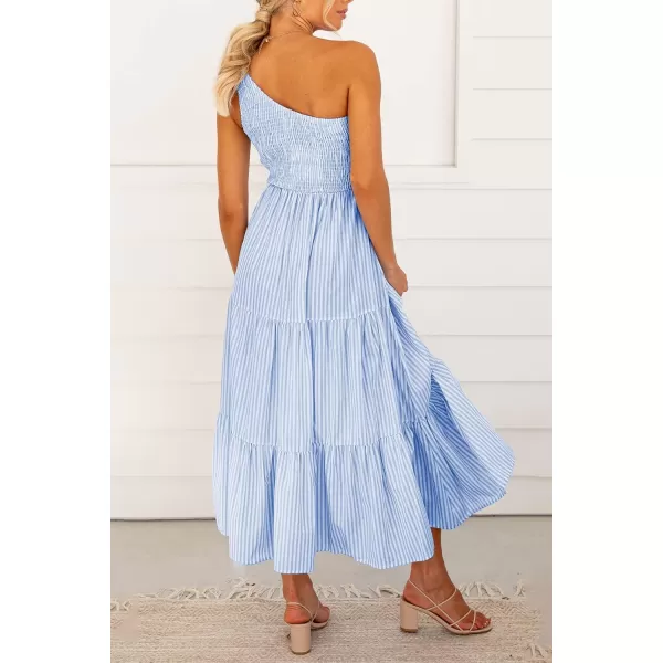 BTFBM Women One Shoulder Summer Dresses 2024 Sleeveless Casual High Waist Floral Flowy Beach Boho Smocked Maxi DressStriped Blue