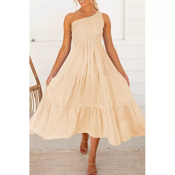 BTFBM Women One Shoulder Summer Dresses 2024 Sleeveless Casual High Waist Floral Flowy Beach Boho Smocked Maxi DressStriped Orange Yellow
