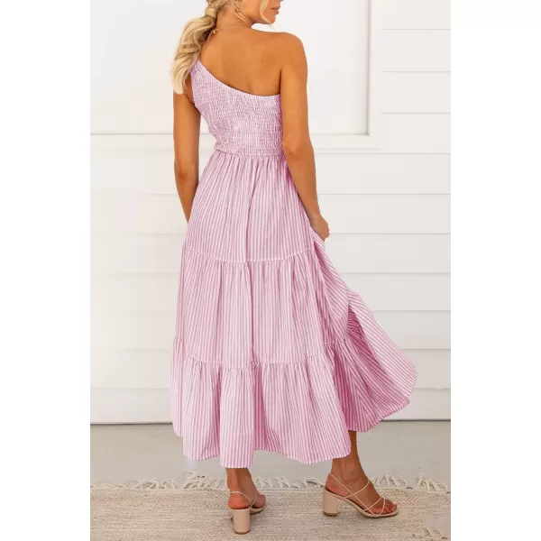 BTFBM Women One Shoulder Summer Dresses 2024 Sleeveless Casual High Waist Floral Flowy Beach Boho Smocked Maxi DressStriped Pink