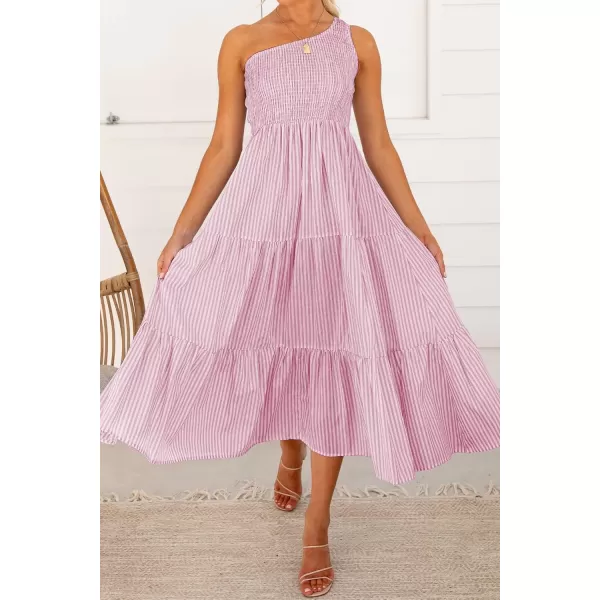 BTFBM Women One Shoulder Summer Dresses 2024 Sleeveless Casual High Waist Floral Flowy Beach Boho Smocked Maxi DressStriped Pink