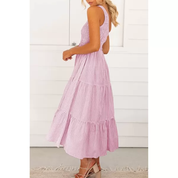 BTFBM Women One Shoulder Summer Dresses 2024 Sleeveless Casual High Waist Floral Flowy Beach Boho Smocked Maxi DressStriped Pink