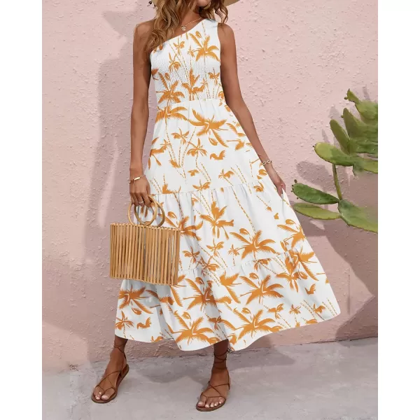 BTFBM Women One Shoulder Summer Dresses 2024 Sleeveless Casual High Waist Floral Flowy Beach Boho Smocked Maxi DressTree Yellow White