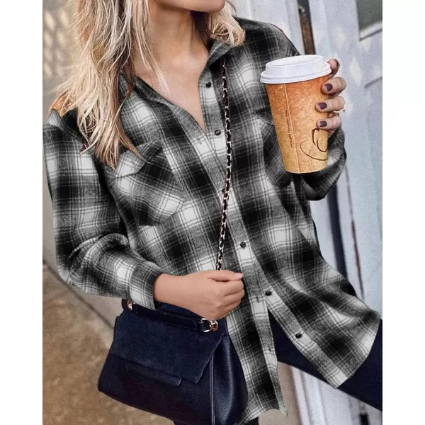 BTFBM Women Shacket Jacket Long Sleeve Button Down Casual Plaid Flannel Shirts Loose Fall Spring Blouses TopsPlaid Black