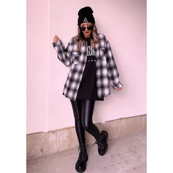 BTFBM Women Shacket Jacket Long Sleeve Button Down Casual Plaid Flannel Shirts Loose Fall Spring Blouses TopsPlaid Black