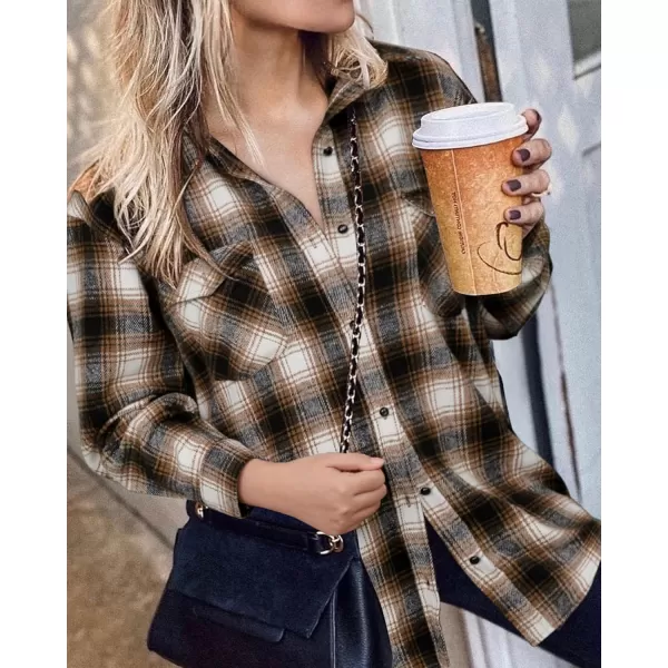BTFBM Women Shacket Jacket Long Sleeve Button Down Casual Plaid Flannel Shirts Loose Fall Spring Blouses TopsPlaid Brown