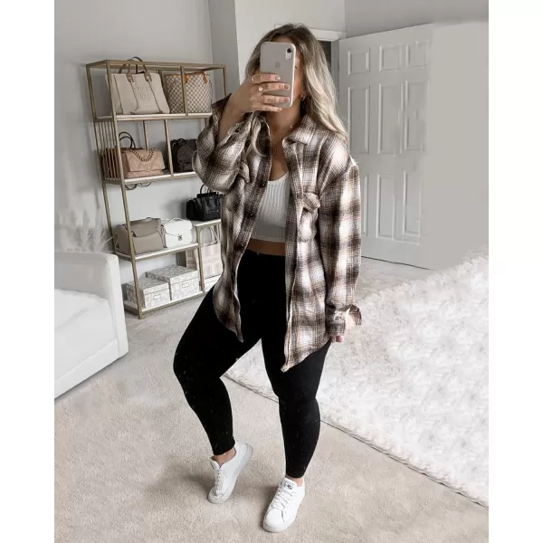 BTFBM Women Shacket Jacket Long Sleeve Button Down Casual Plaid Flannel Shirts Loose Fall Spring Blouses TopsPlaid Brown