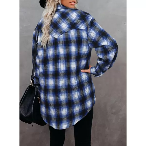 BTFBM Women Shacket Jacket Long Sleeve Button Down Casual Plaid Flannel Shirts Loose Fall Spring Blouses TopsPlaid Dark Blue