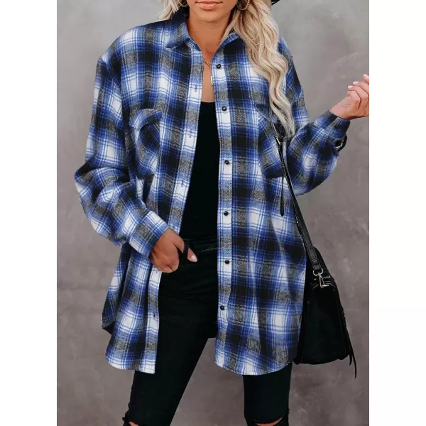 BTFBM Women Shacket Jacket Long Sleeve Button Down Casual Plaid Flannel Shirts Loose Fall Spring Blouses TopsPlaid Dark Blue