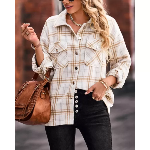 BTFBM Women Shacket Jacket Long Sleeve Button Down Casual Plaid Flannel Shirts Loose Fall Spring Blouses TopsPlaid Print Apricot