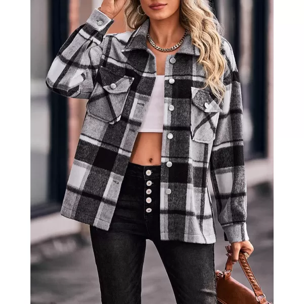 BTFBM Women Shacket Jacket Long Sleeve Button Down Casual Plaid Flannel Shirts Loose Fall Spring Blouses TopsPlaid Print Black White
