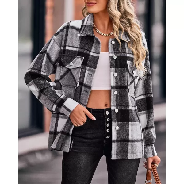 BTFBM Women Shacket Jacket Long Sleeve Button Down Casual Plaid Flannel Shirts Loose Fall Spring Blouses TopsPlaid Print Black White