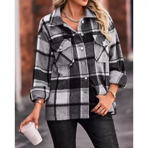 BTFBM Women Shacket Jacket Long Sleeve Button Down Casual Plaid Flannel Shirts Loose Fall Spring Blouses TopsPlaid Print Black White