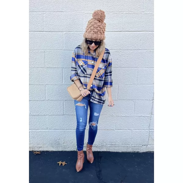 BTFBM Women Shacket Jacket Long Sleeve Button Down Casual Plaid Flannel Shirts Loose Fall Spring Blouses TopsPlaid Print Bright Blue