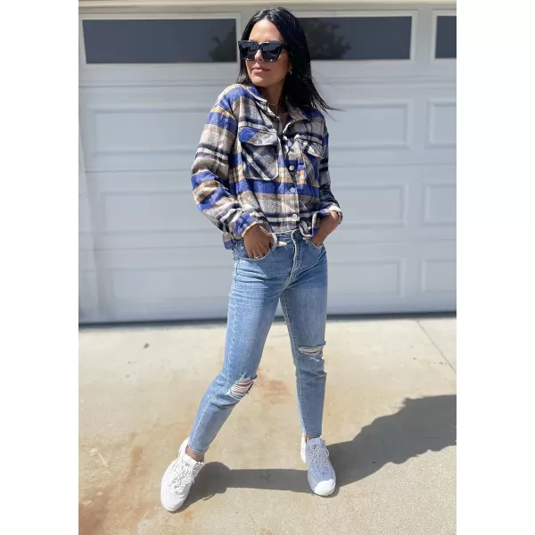 BTFBM Women Shacket Jacket Long Sleeve Button Down Casual Plaid Flannel Shirts Loose Fall Spring Blouses TopsPlaid Print Bright Blue