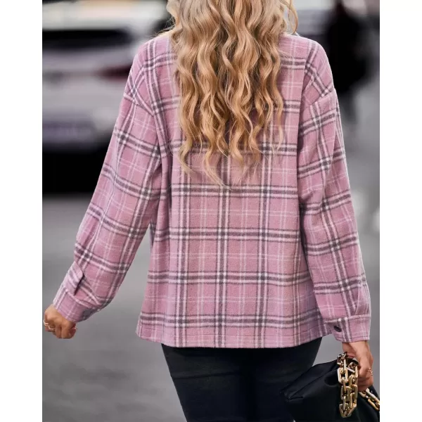 BTFBM Women Shacket Jacket Long Sleeve Button Down Casual Plaid Flannel Shirts Loose Fall Spring Blouses TopsPlaid Print Dark Pink
