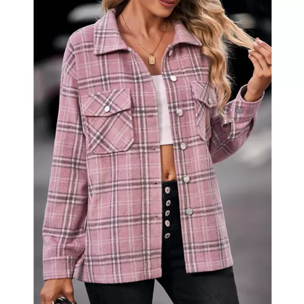BTFBM Women Shacket Jacket Long Sleeve Button Down Casual Plaid Flannel Shirts Loose Fall Spring Blouses TopsPlaid Print Dark Pink