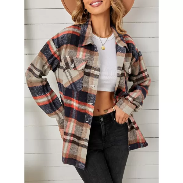 BTFBM Women Shacket Jacket Long Sleeve Button Down Casual Plaid Flannel Shirts Loose Fall Spring Blouses TopsPlaid Print Khaki