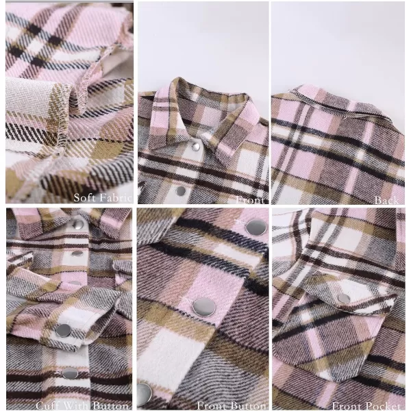 BTFBM Women Shacket Jacket Long Sleeve Button Down Casual Plaid Flannel Shirts Loose Fall Spring Blouses TopsPlaid Print Pink