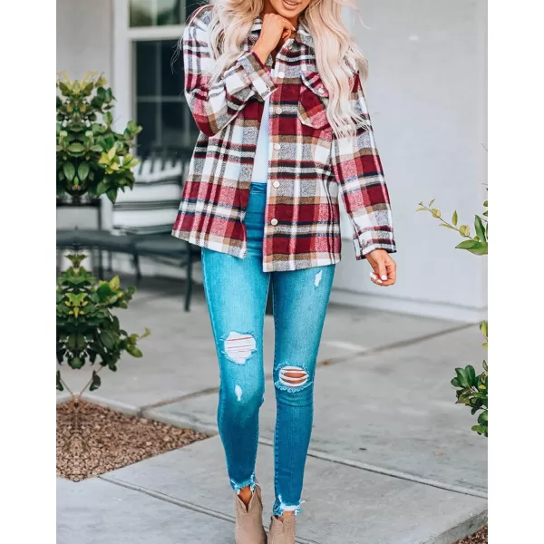BTFBM Women Shacket Jacket Long Sleeve Button Down Casual Plaid Flannel Shirts Loose Fall Spring Blouses TopsPlaid Print Red