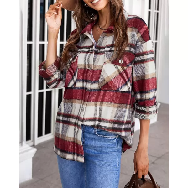 BTFBM Women Shacket Jacket Long Sleeve Button Down Casual Plaid Flannel Shirts Loose Fall Spring Blouses TopsPlaid Print Red