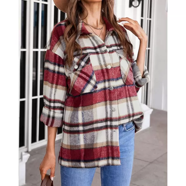 BTFBM Women Shacket Jacket Long Sleeve Button Down Casual Plaid Flannel Shirts Loose Fall Spring Blouses TopsPlaid Print Red