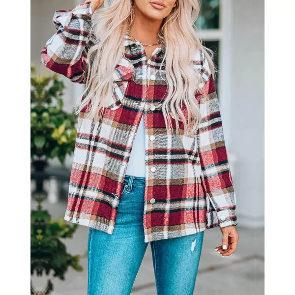 BTFBM Women Shacket Jacket Long Sleeve Button Down Casual Plaid Flannel Shirts Loose Fall Spring Blouses TopsPlaid Print Red