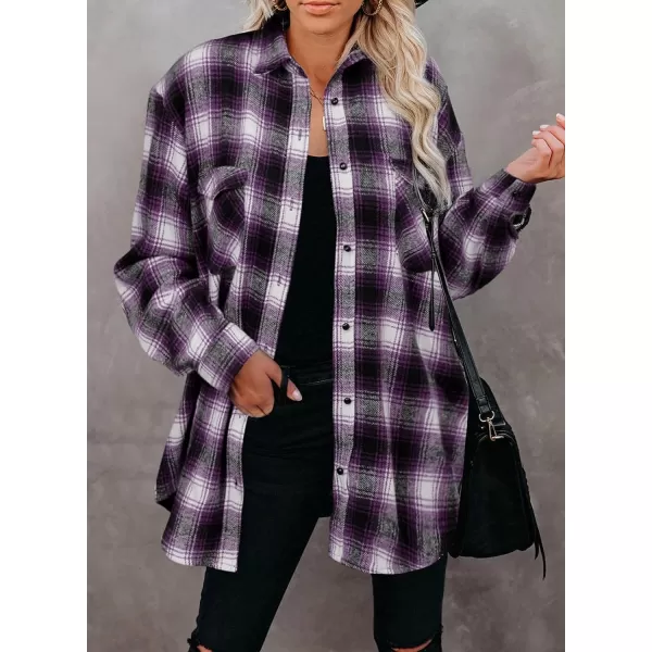 BTFBM Women Shacket Jacket Long Sleeve Button Down Casual Plaid Flannel Shirts Loose Fall Spring Blouses TopsPlaid Purple